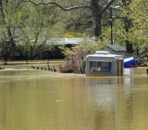 The Brandywine continued to be well beyond its banks Thursday, from East Bradford south to Chadds Ford. Here a snack shack remains partially submerged at the Brandywine Picnic Park in East Bradford.