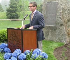 Paul B. Redman, director of Longwood Gardens, explains what led to the relocation and rededication of the Indian Hannah monument.