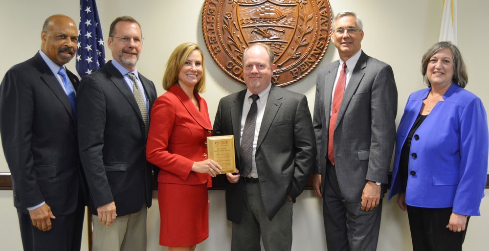 (From left to right) Chester County Commissioners’ Chair Terence Farrell; Planning Commission Assistant Director David Ward; Commissioner Michelle Kichline; Brian Styche, Planning Commission Transportation Planner; Brian O’Leary, Director, Chester County Planning Commission; and Commissioner Kathi Cozzone.